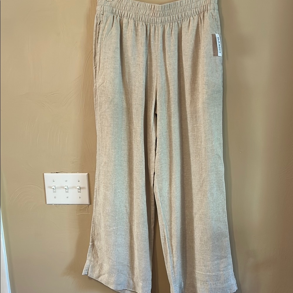 Old Navy Tan wide leg linen pants size 8P Elastic Waist NWT